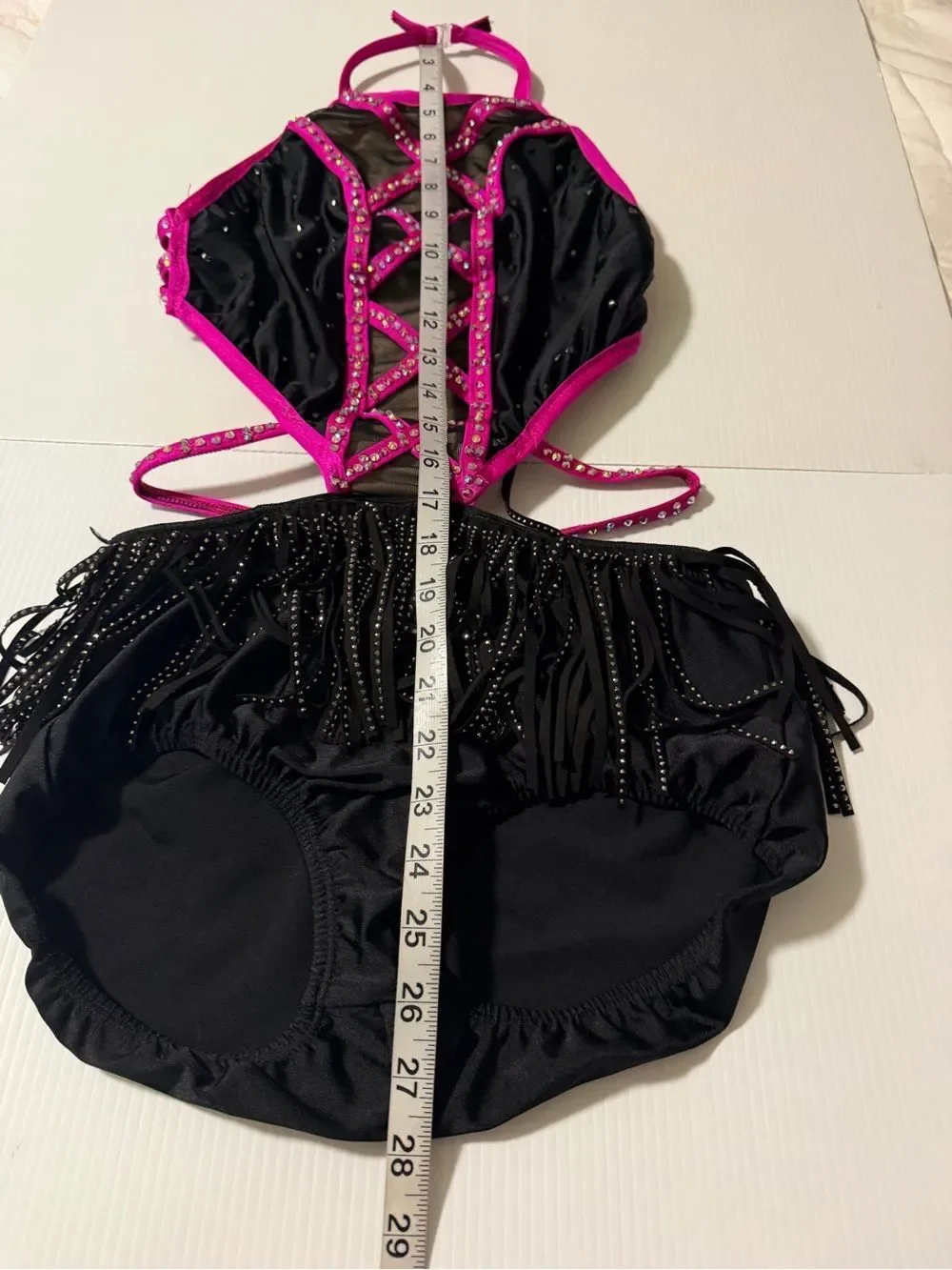 Pumpers jazz dance costume custom solo pink illusion black jazz fringe MA adult